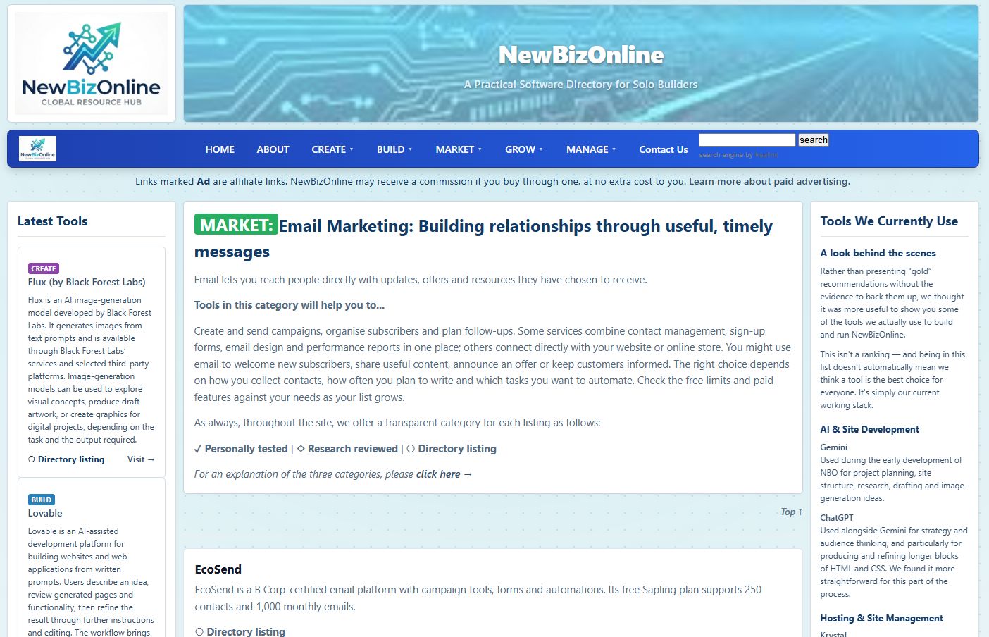 NewBizOnline's five stages: Create, Build, Market, Grow and Manage